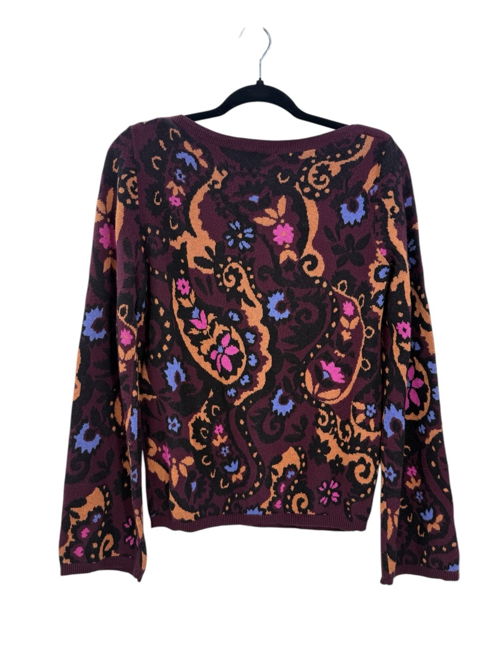 Ann Taylor Paisley Floral Jacquard Boat Neck Sweater Bell Sleeve Plum Size S